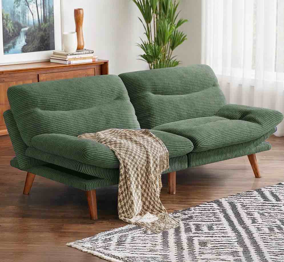 CHITOOMA 75" Corduroy Futon Sofa Bed, Green Convertible Couch with Adjustable Backrest and 6-Level Armrests, Comfy Sleeper Sofa for Living Room, Apartment, or Office