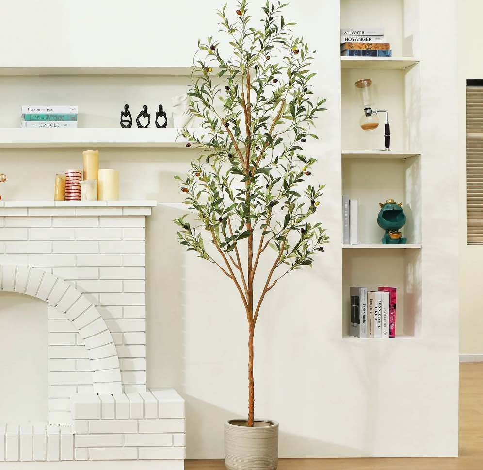 7 ft Artificial Olive Plants with Realistic Leaves and Natural Trunk, Silk Fake Olive Tree in Black Plastic Pot, Faux Olive Tree for Office Home