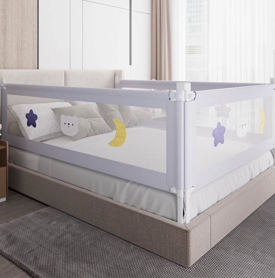 3-Side Sturdy Toddler Bed Rail King Size Adjustable Height with Pattern & Double Child Lock 74.8x78.7x78.7"(3 packs)