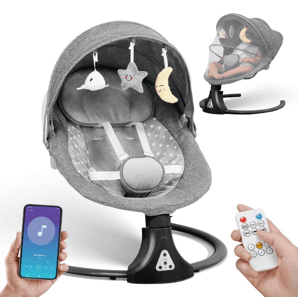 Baby Swing for Infants: Electric Baby Swing Chair with Bluetooth APP/Remote Control - Baby Rocking Chair Cordless 5 Levels 12 Lullaby 3 Timer 3 Angle Portable Baby Bouncer for Newborn - Gray Black