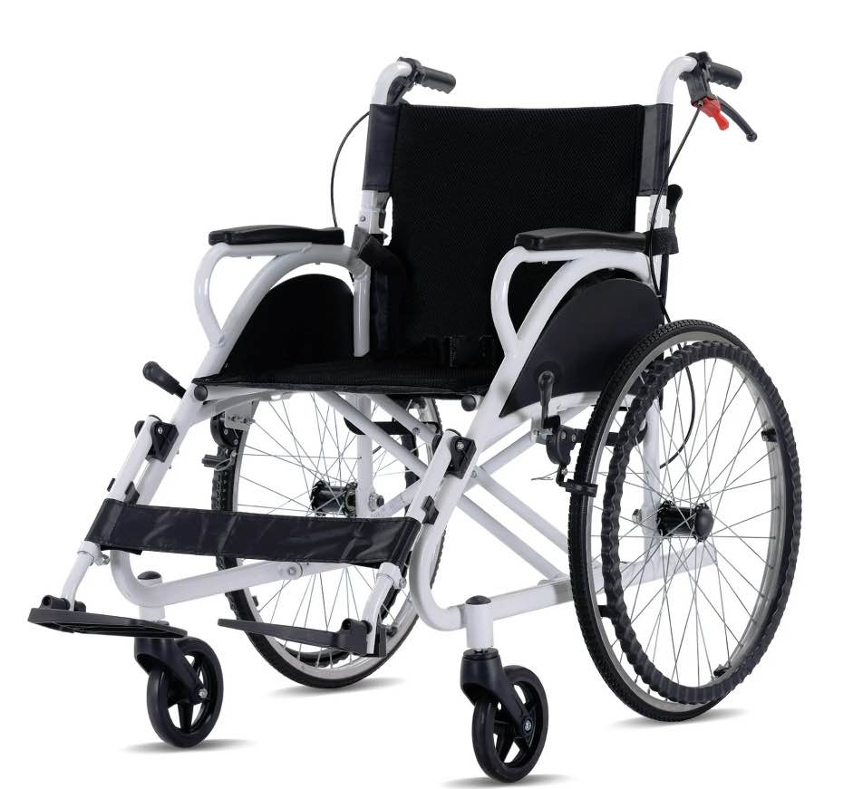 YEBEI Folding Lightweight Transport Wheelchair Foldable Self-Propelled Wheelchair with Double-Brake Design for Adults 21-Inch Large Rear Wheel Support 230Lbs White