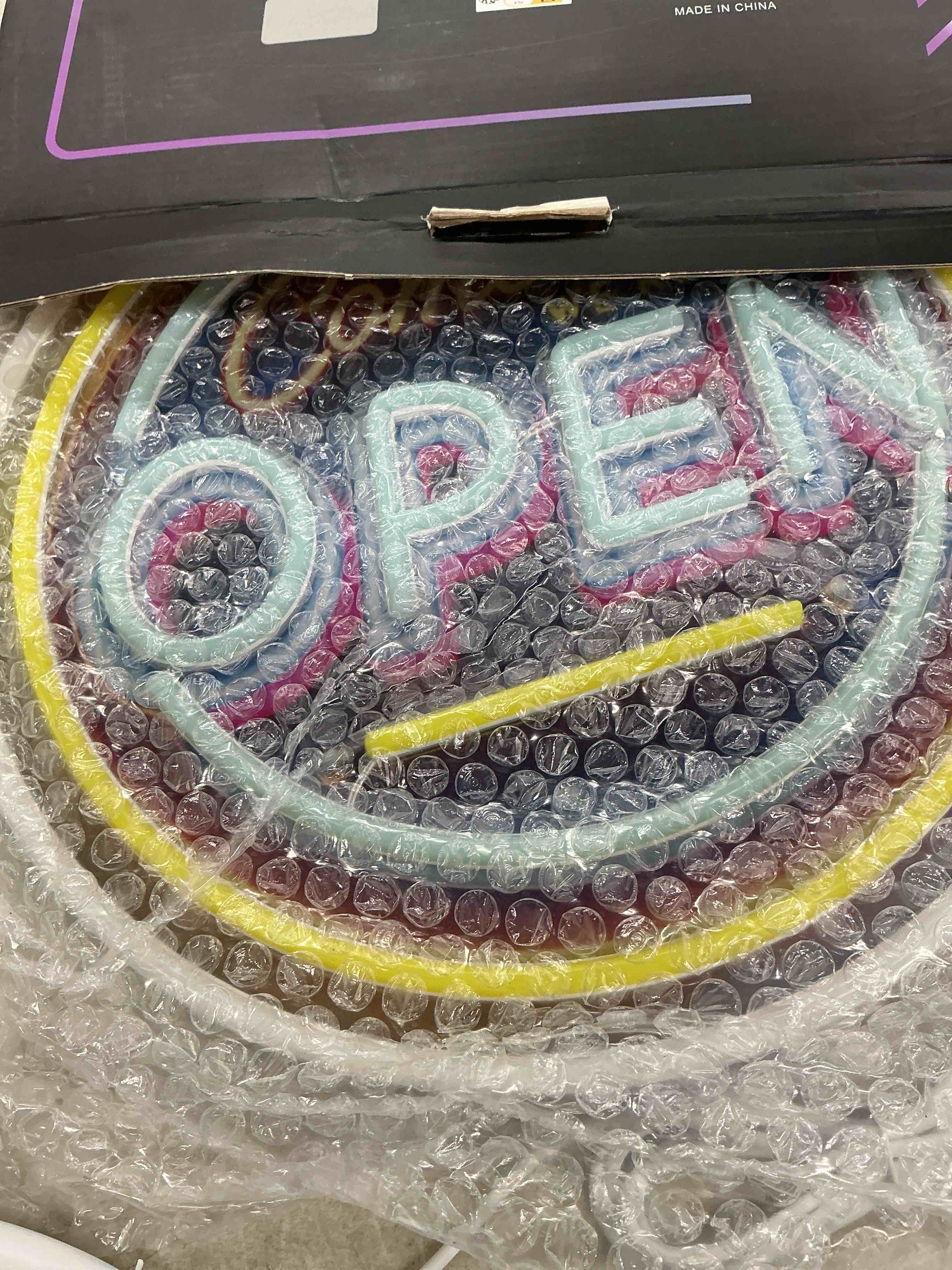 Condition photo showing Good Condition for neon open sign for business, 13 * 13'' colorful adjustable brightness come in we’re open sign for business walls window party bar salon shop hotel lb-uv-comeopen