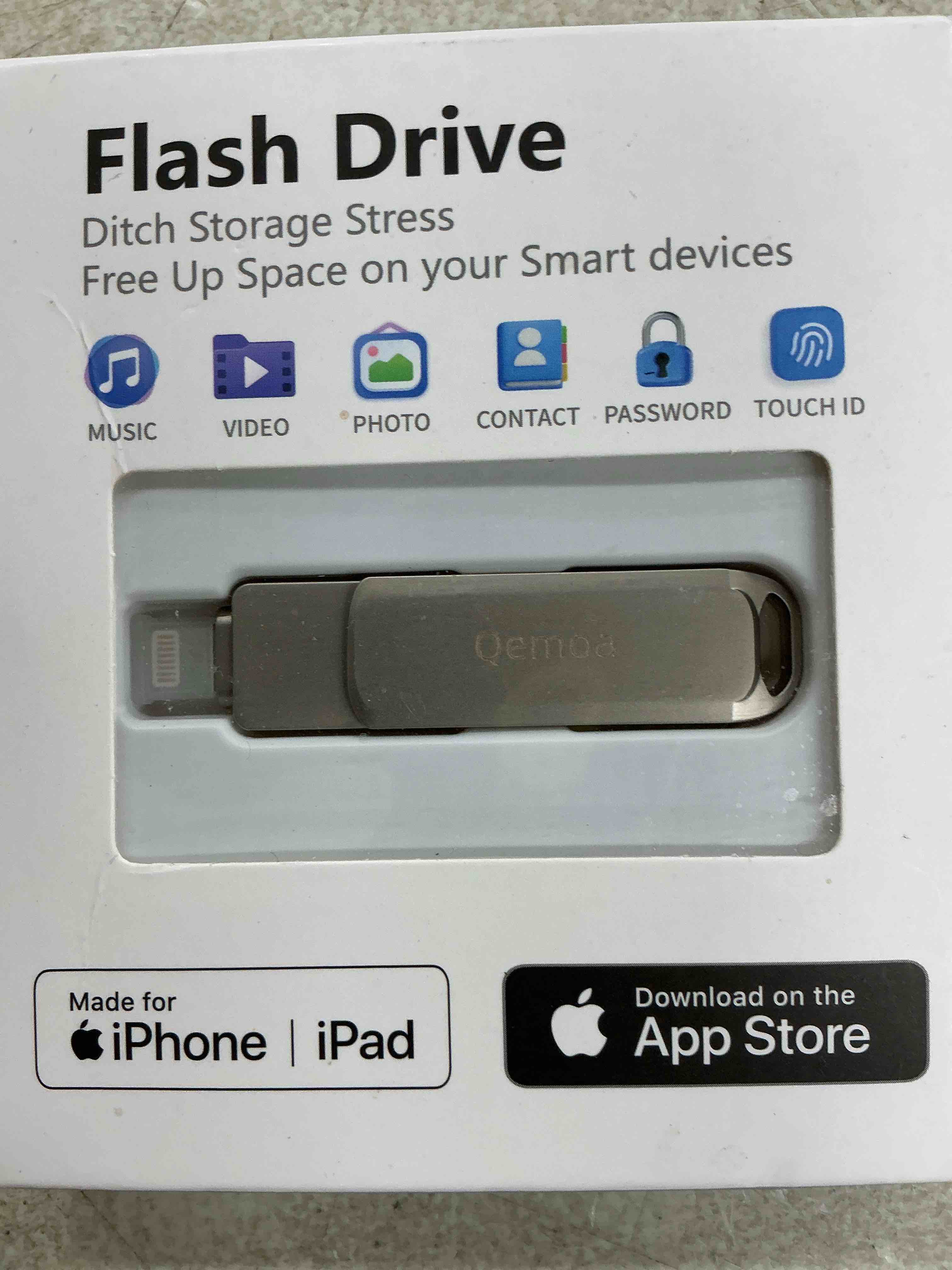 Condition photo showing New/Like New for mfi certified 512gb flash drive photo stick for iphone,external memory photo keeper storage for data saver/backup/transfer file/picture/video/iphone/ipad/ios/android/pc (silver)available space: ~484gb silver 512gb