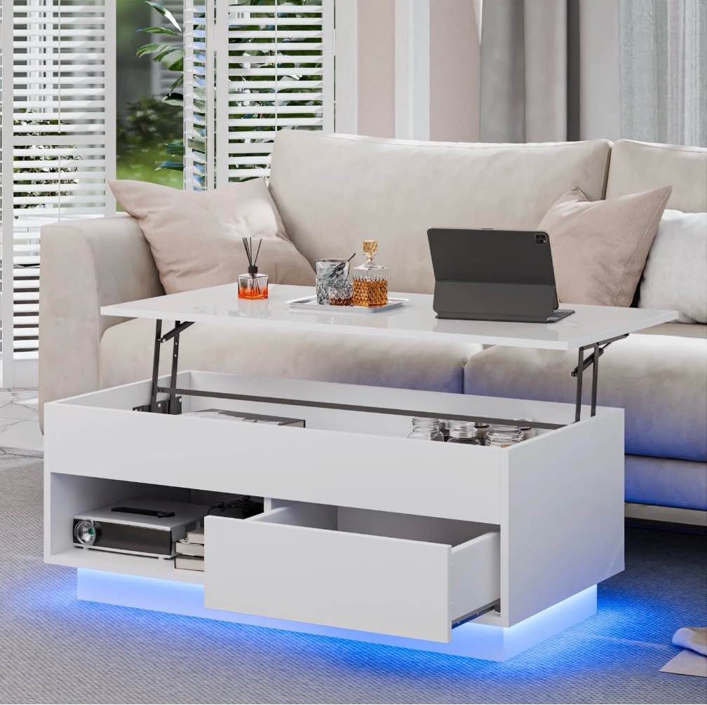 Hommpa 40'' Lift Top Coffee Table with LED Lights Modern High Gloss End Table with Rising Top, Hidden Storage Drawer & Open Shelf