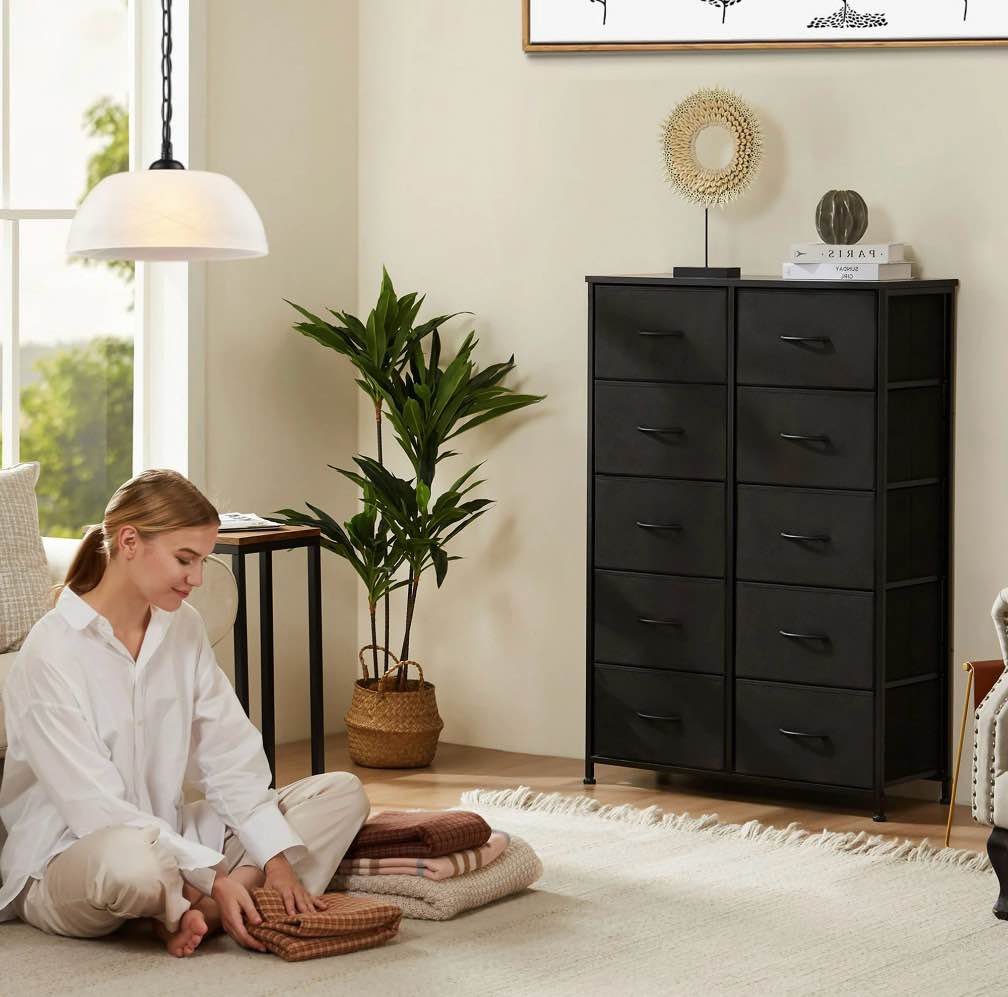 CONCETTA 10-Drawer Fabric Storage Cabinet for Adults, Organizer Furniture for Living Room, Office, Kitchen, Hallway, Black