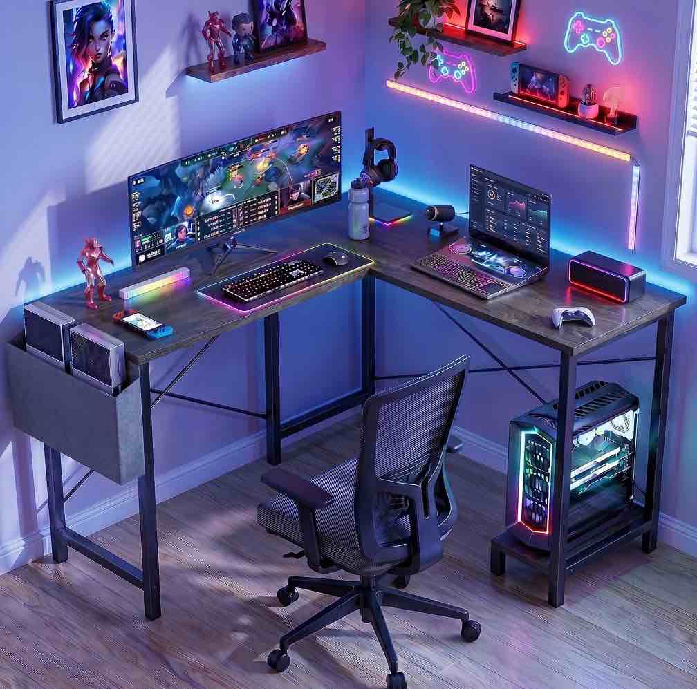 CONCETTA 49 Inch Modern L Shaped Computer Desk with Lower Storage Shelf & Side Bag, Two-Way Convertible Corner Gaming Table for Home Office, Gray