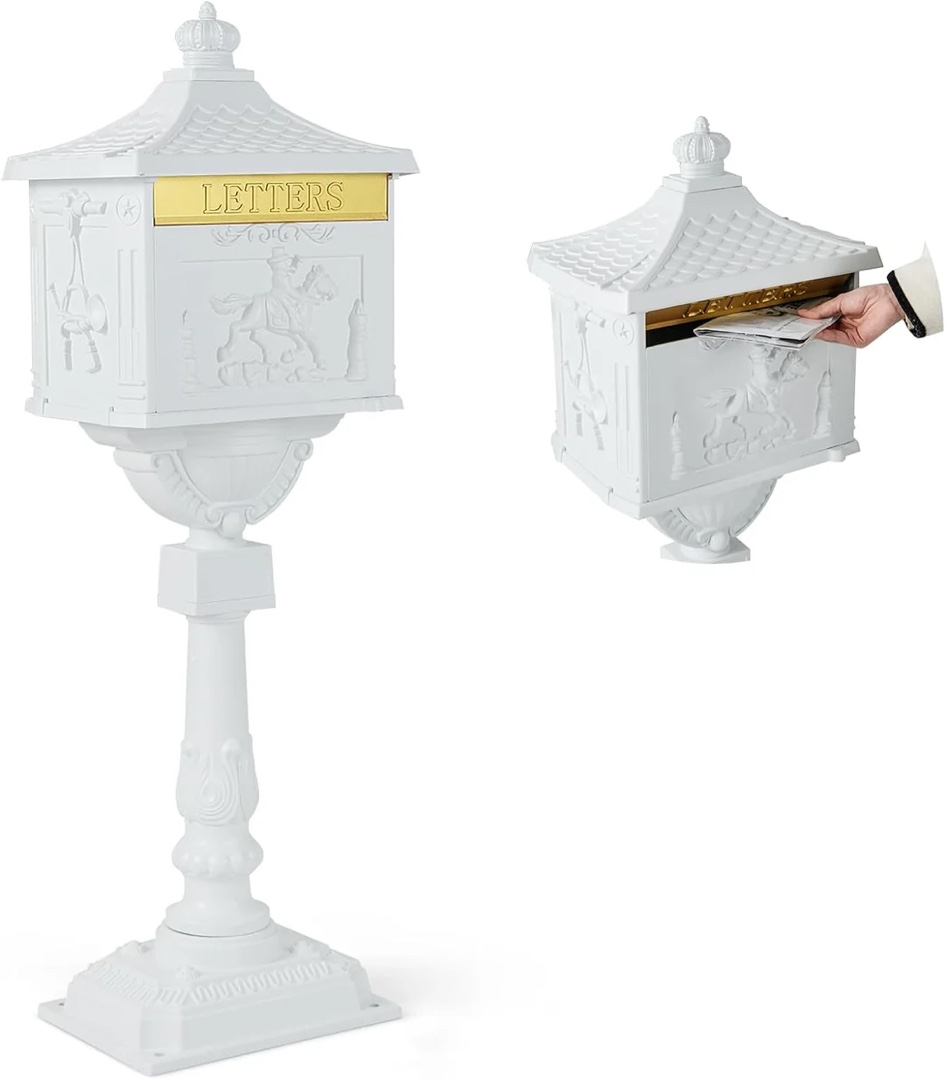 Giantex Cast Aluminum Mailbox with Post - Locking Residential Mailboxes for Outside with Keys, Baffle Door, Expansion Bolts, Address Panel, In-Ground Rust-Proof Large Security Postal Mailbox (WHITE VERSION, SEE PHOTO FOR REFERENCE)