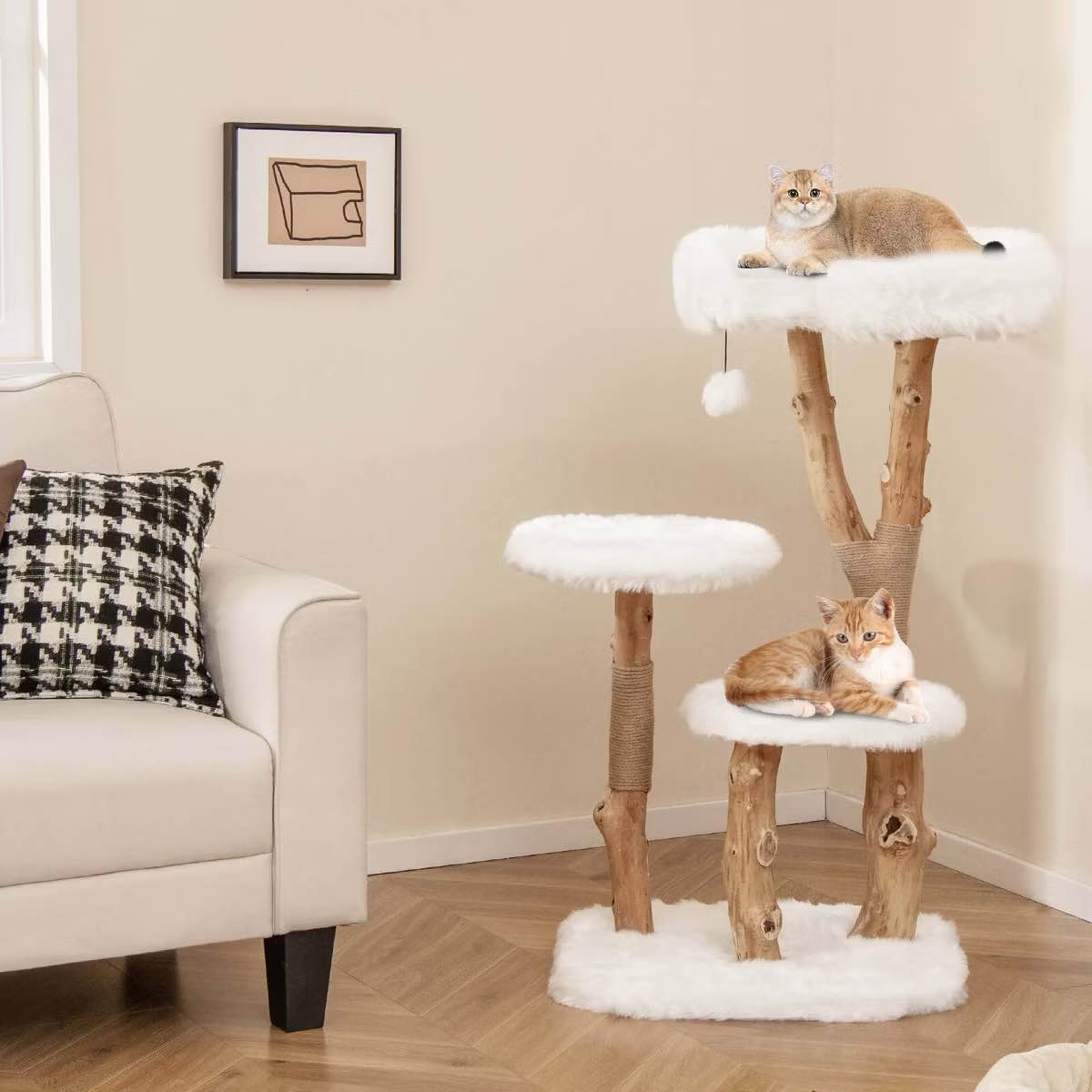 Costway Solid Wood Cat Tree with Perch Natural Jute Scratching Posts Dangling Ball