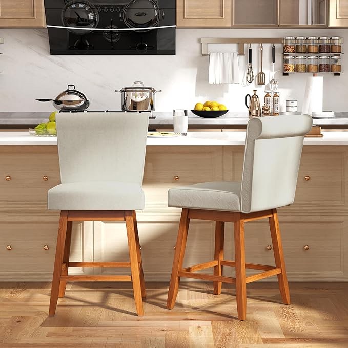 COSTWAY Swivel Bar Stools Set of 2, 27" Counter Height Bar Chairs with Rubber Wood Legs, Upholstered Linen Barstools with Back & Cushioned Seat, for Kitchen Island, Home, Beige (2,Beige)