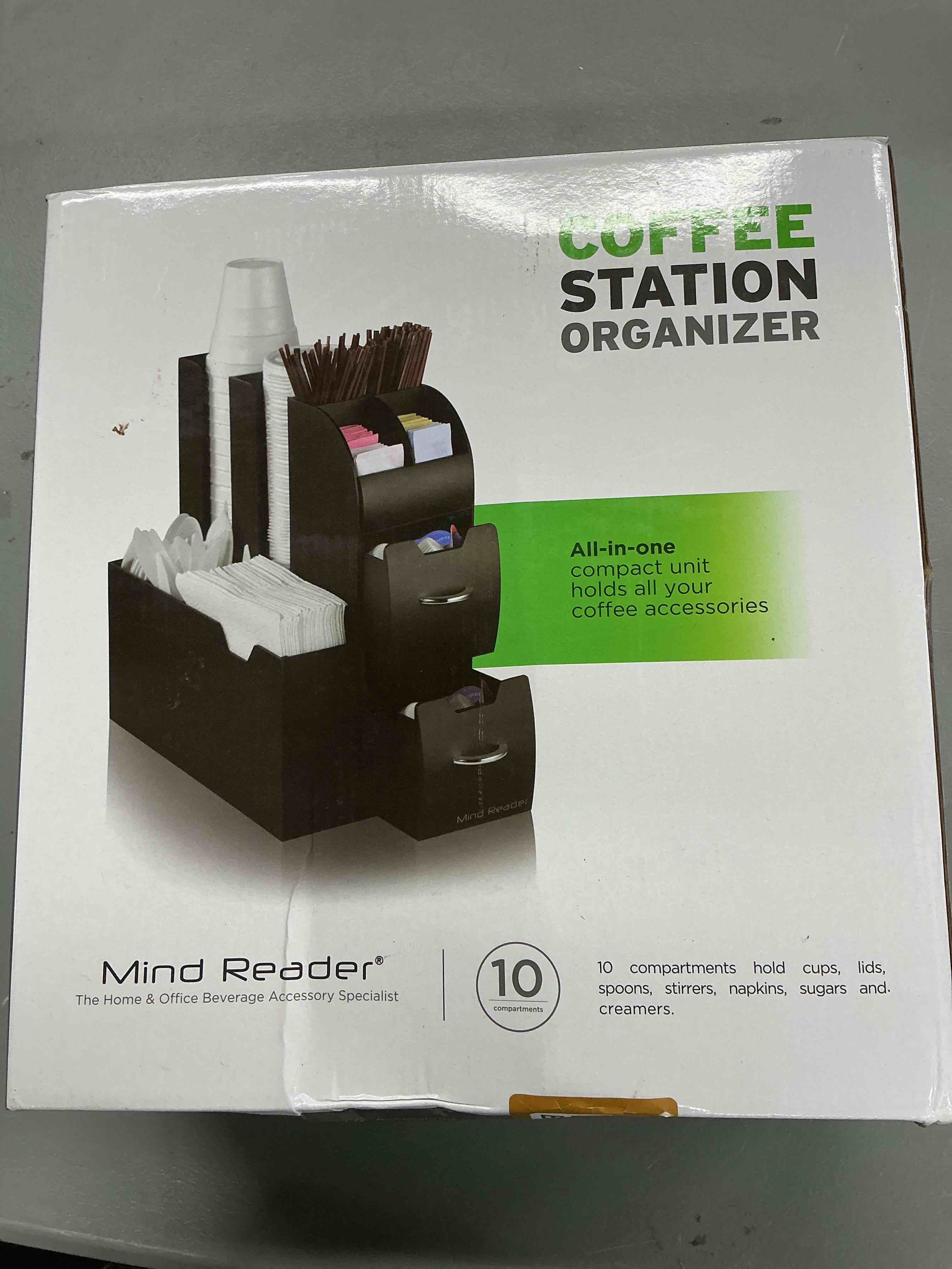 Condition photo showing New/Like New for mind reader cup and condiment station, countertop organizer, coffee bar, kitchen, stirrers, 5.35"w x 11.25"l x 11.15"h, black single