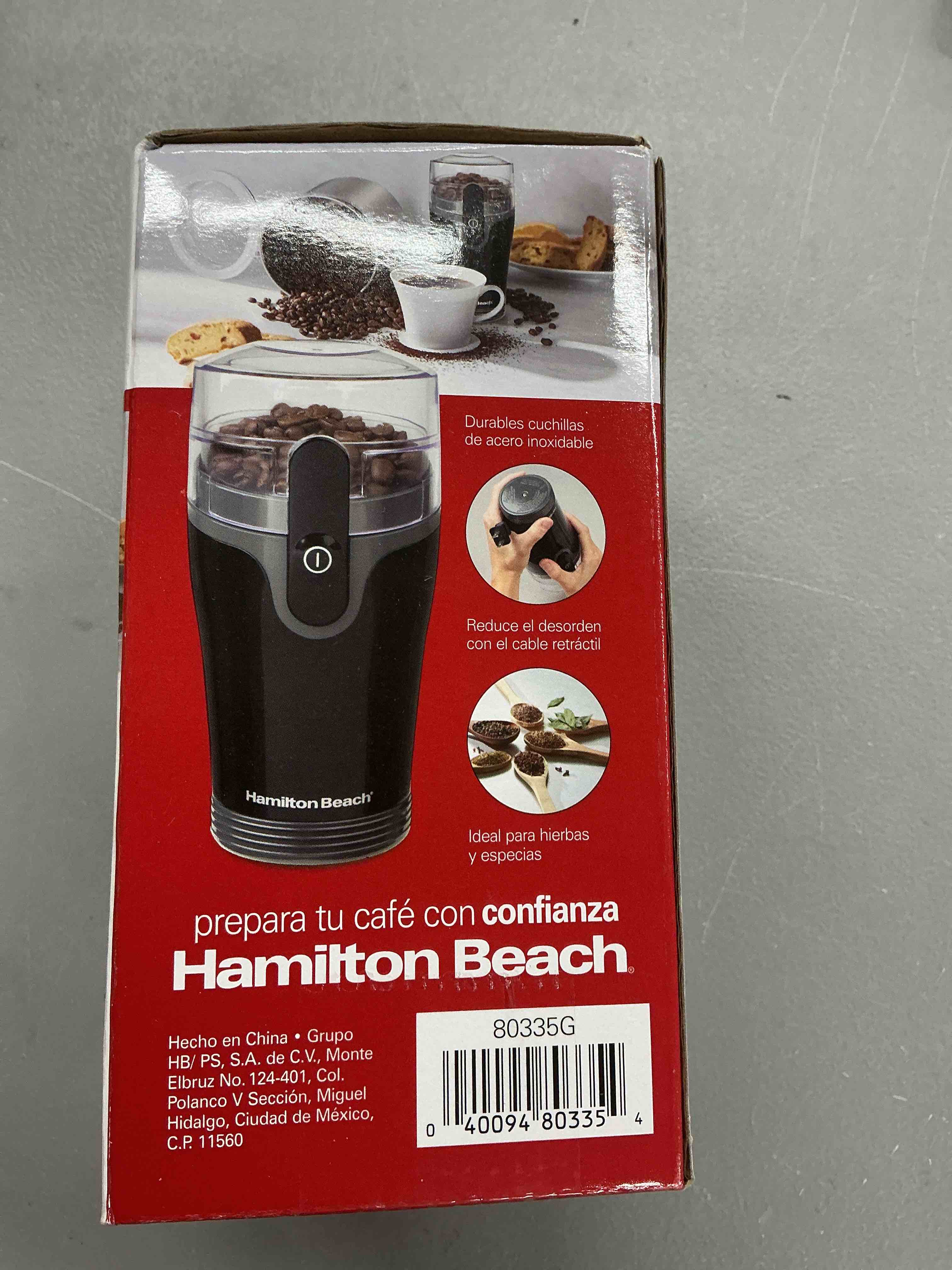 Condition photo showing New/Like New for hamilton beach fresh grind electric coffee grinder for beans, spices and more, stainless steel blades, removable chamber, makes up to 12 cups, black black makes up to 12 cups