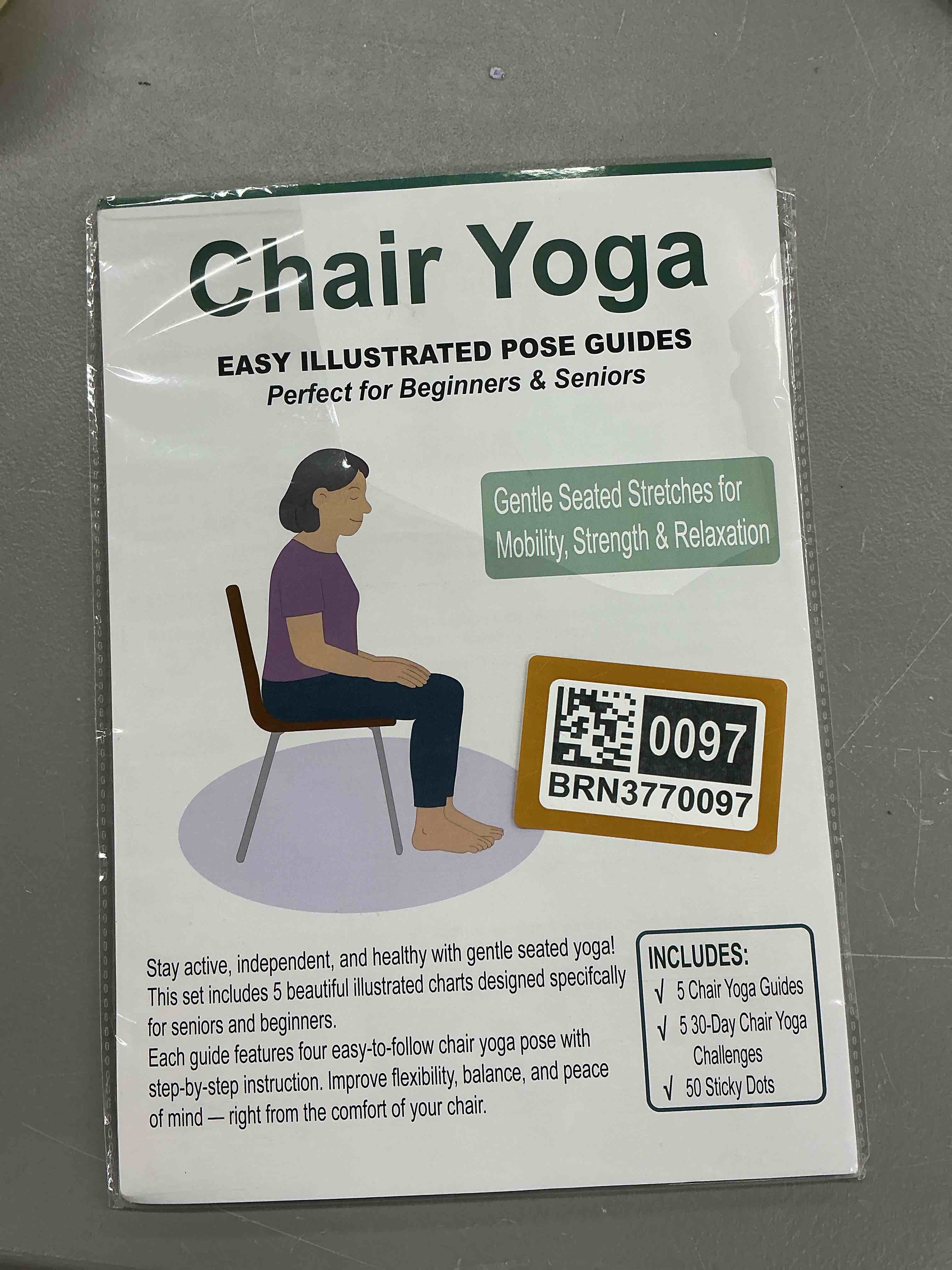 Condition photo showing New/Like New for chair yoga poster for seniors & beginners – set of 5 illustrated guides & 5 30-day challenges, laminated gentle seated exercise charts for mobility, balance, flexibility, stretching & home fitness