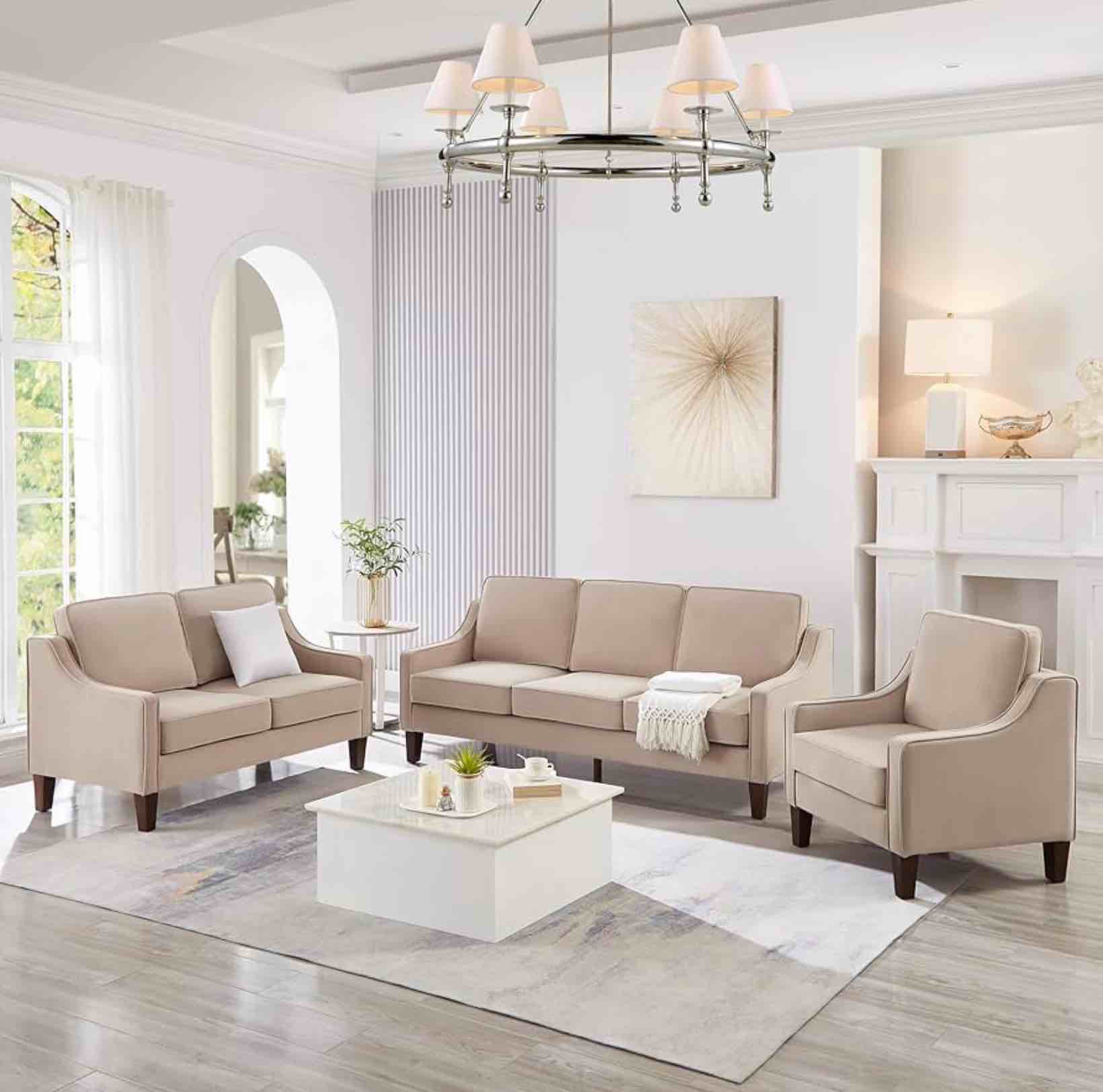 Deolme Sectional Sofa Set, Modern Comfy Velvet Upholstered 2 Seater Couch, Loveseat and Chair for Living Room Furniture Sets juegos de muebles de sala Small Spaces Office (Taupe, 2 Piece)