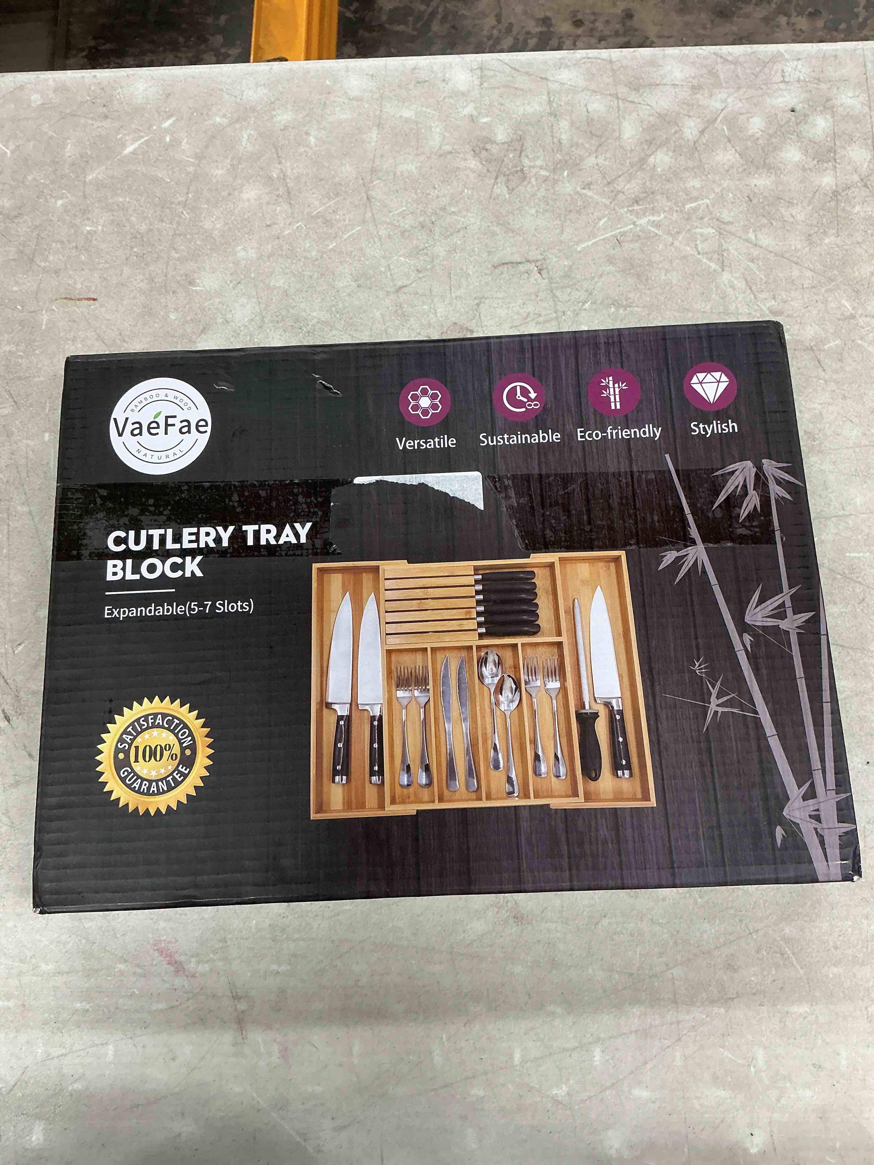 Condition photo showing Good Condition for vaefae bamboo silverware drawer organizer kitchen, expandable utensil organizer with knife block, cutlery tray with divider, multifunctional drawer organizer natural large - expandable with block