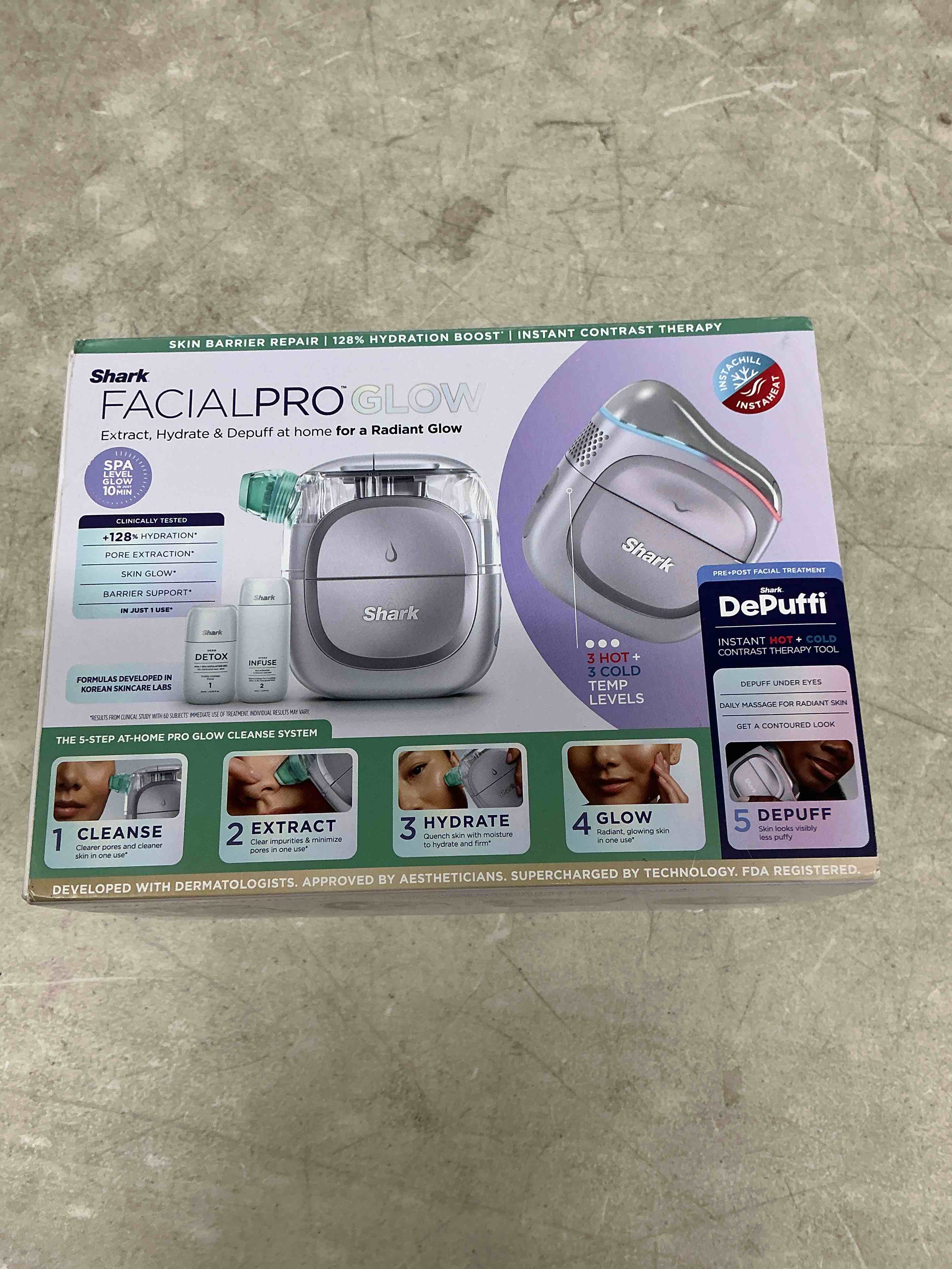 Condition photo showing Good Condition for shark facialpro glow at-home hydro-powered facial system with depuffi hot & cold therapy – professional spa skincare device for pore cleansing, hydration, & radiant glow, lilac, fh320pl