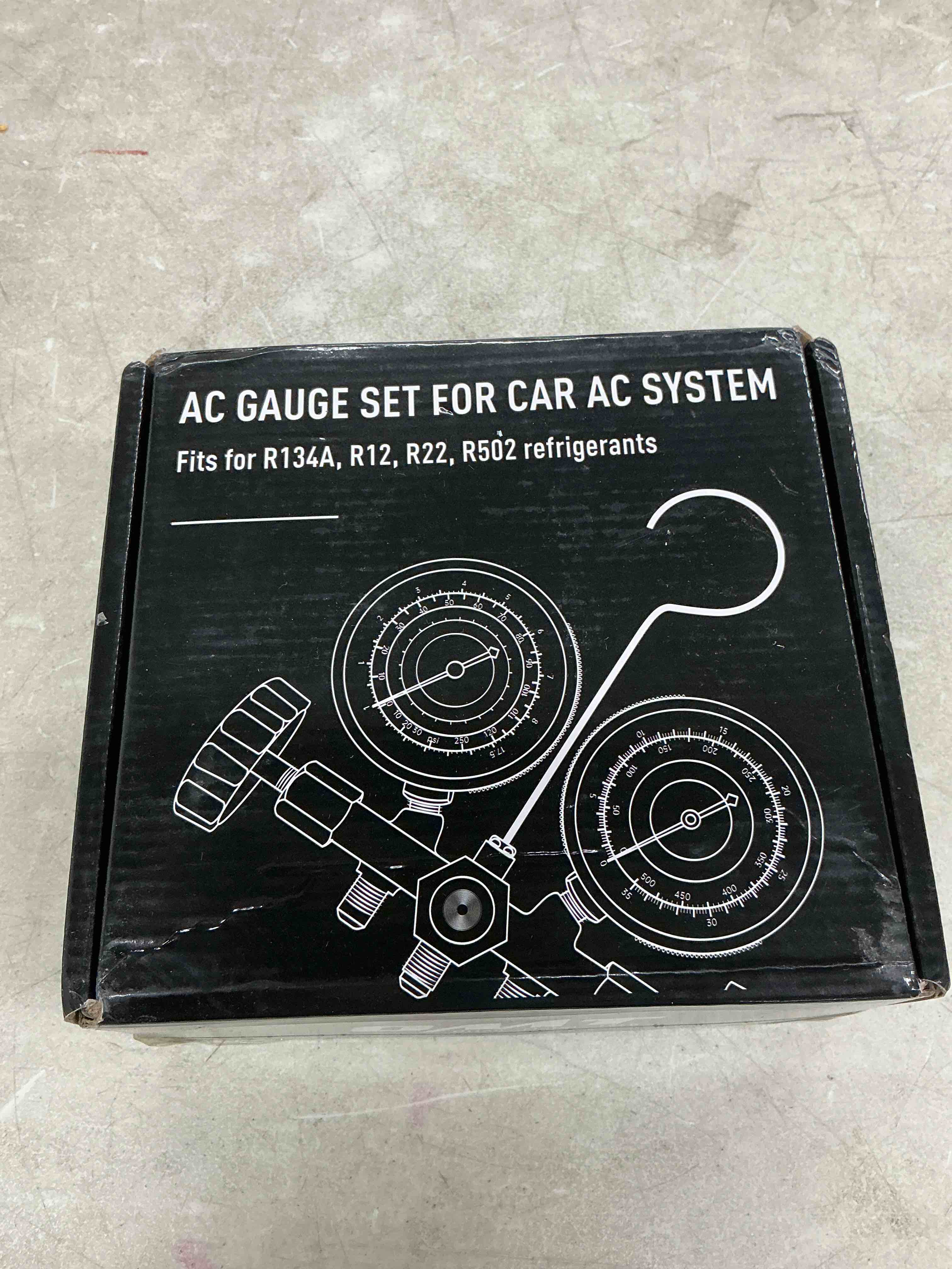 Condition photo showing Good Condition for orion motor tech ac gauges, automotive ac gauge set for r134a r12 r22 r502, 3 way ac manifold gauge set with 5ft hoses couplers & adapter, r134a can tap freon recharge kit for hvac