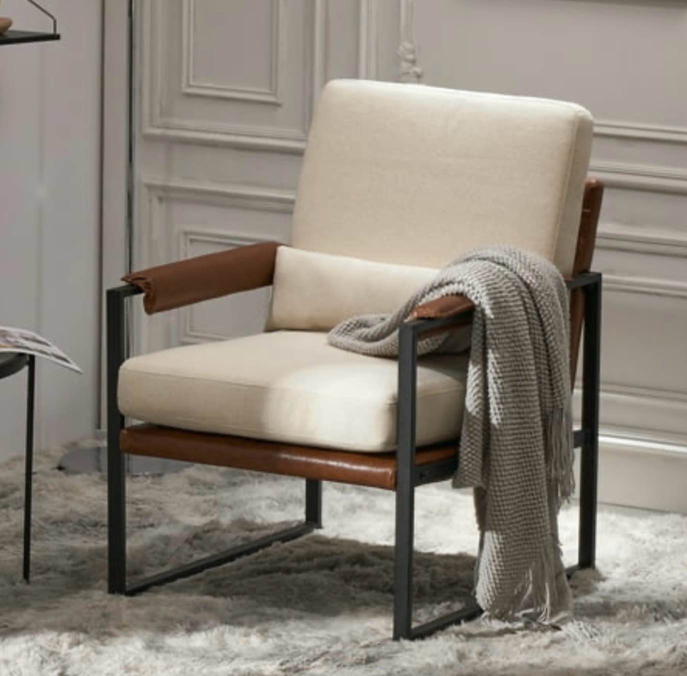 Ktaxon Accent Chair Lounge Armchair Modern Linen Fabric Upholstered Single Sofa with Black Coated Metal Frame Creamy White and Brown