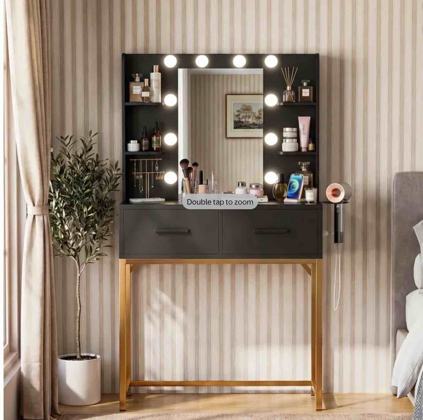 Homall Vanity Desk with Mirror, Power Outlet & LED Lights, Makeup Vanity Table with 2 Drawers & 4 Shelves, Dressing Table for Bedroom Dressing Room, Black