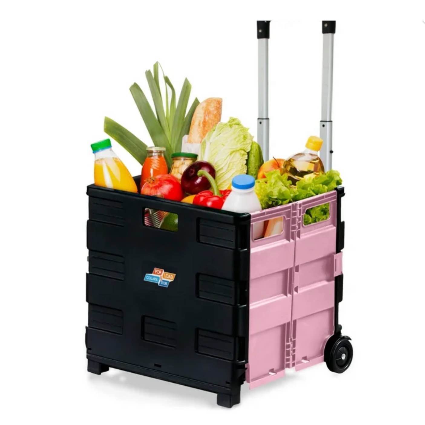 Pop & Load Collapsible Rolling Utility Cart, Plastic Pack-N-Roll Cart with Handle, Portable Storage, Black & Pink
