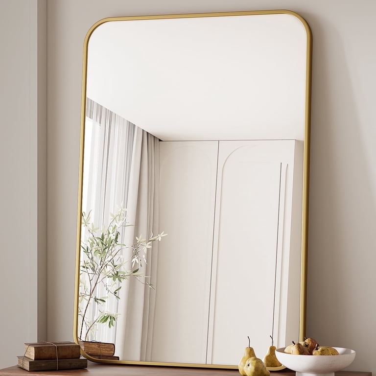 BEAUTYPEAK 26"x38" Wall Mirror Rounded Corners Hanging Vanity Mirror Gold