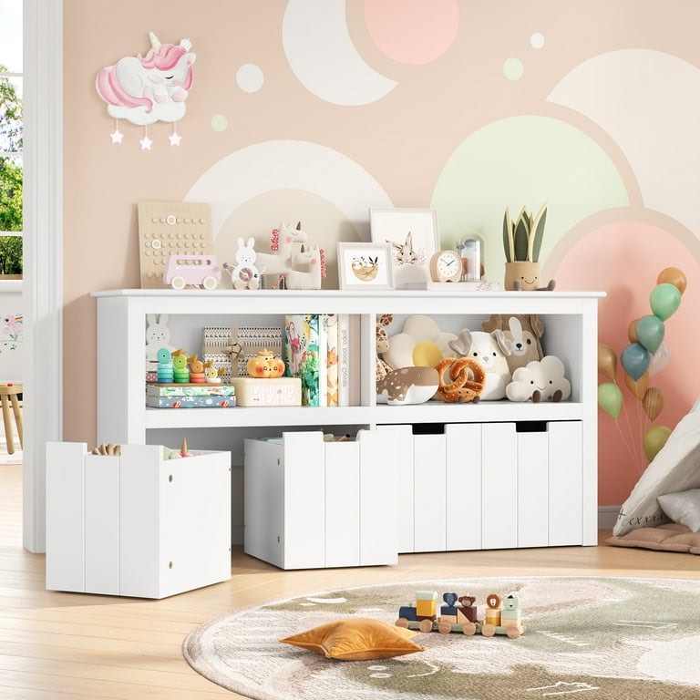 Homfa Kids Toy Storage with 4 Drawers, Cubes Storage Bin with Shelves and Wheels for Kids Living Room, White