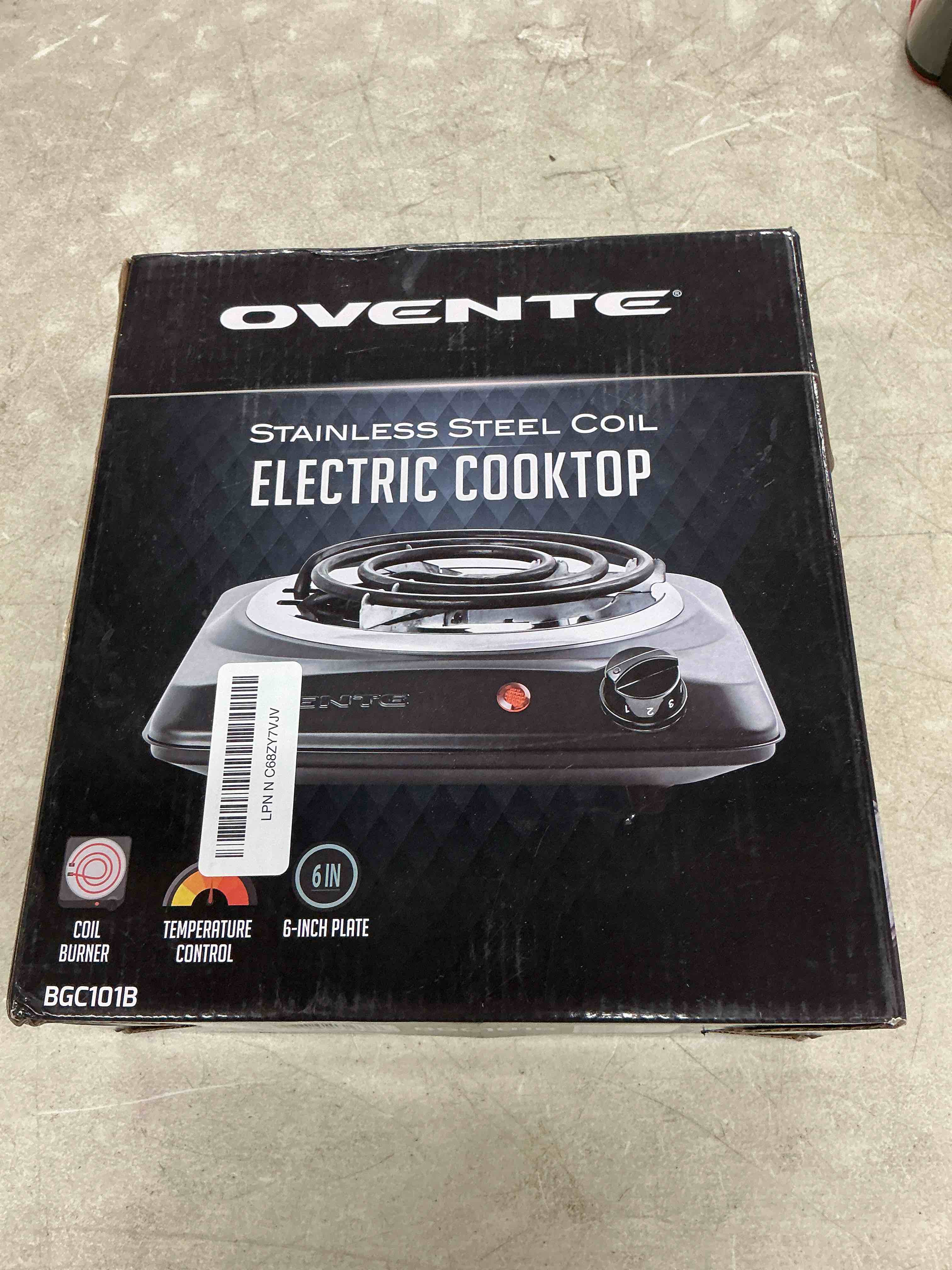 Condition photo showing New/Like New for ovente electric countertop single burner, 1000w cooktop with 6" stainless steel coil hot plate, 5 level temperature control, indicator light, compact cooking stove and easy to clean, black bgc101b bgc101b - black
