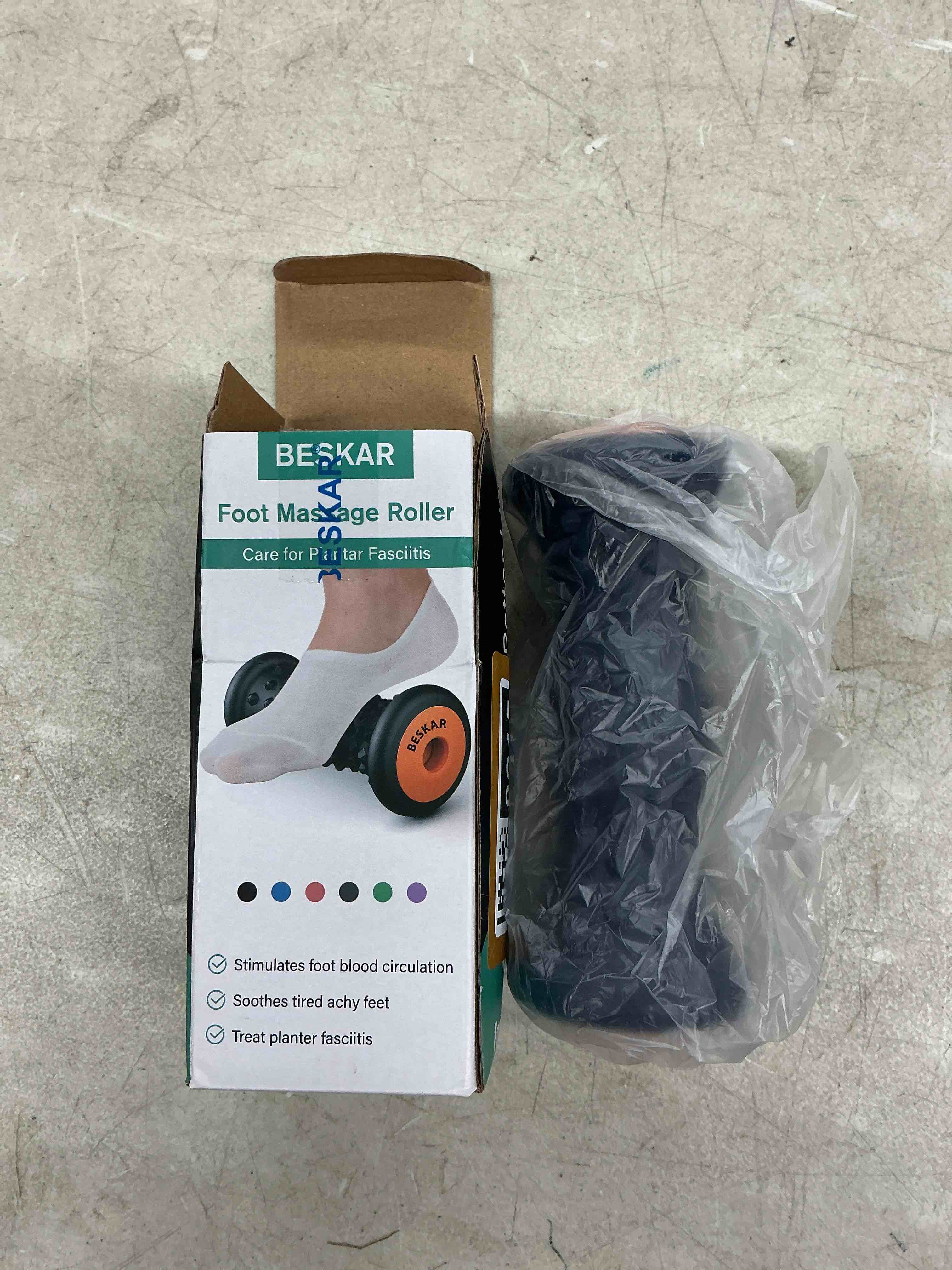 Condition photo showing Good Condition for beskar foot massage roller for plantar fasciitis relief, portable reflexology tool pressure point massage rollers, deep tissue massages for relieving feet arch heel pain, myofascial pain syndrome navy blue