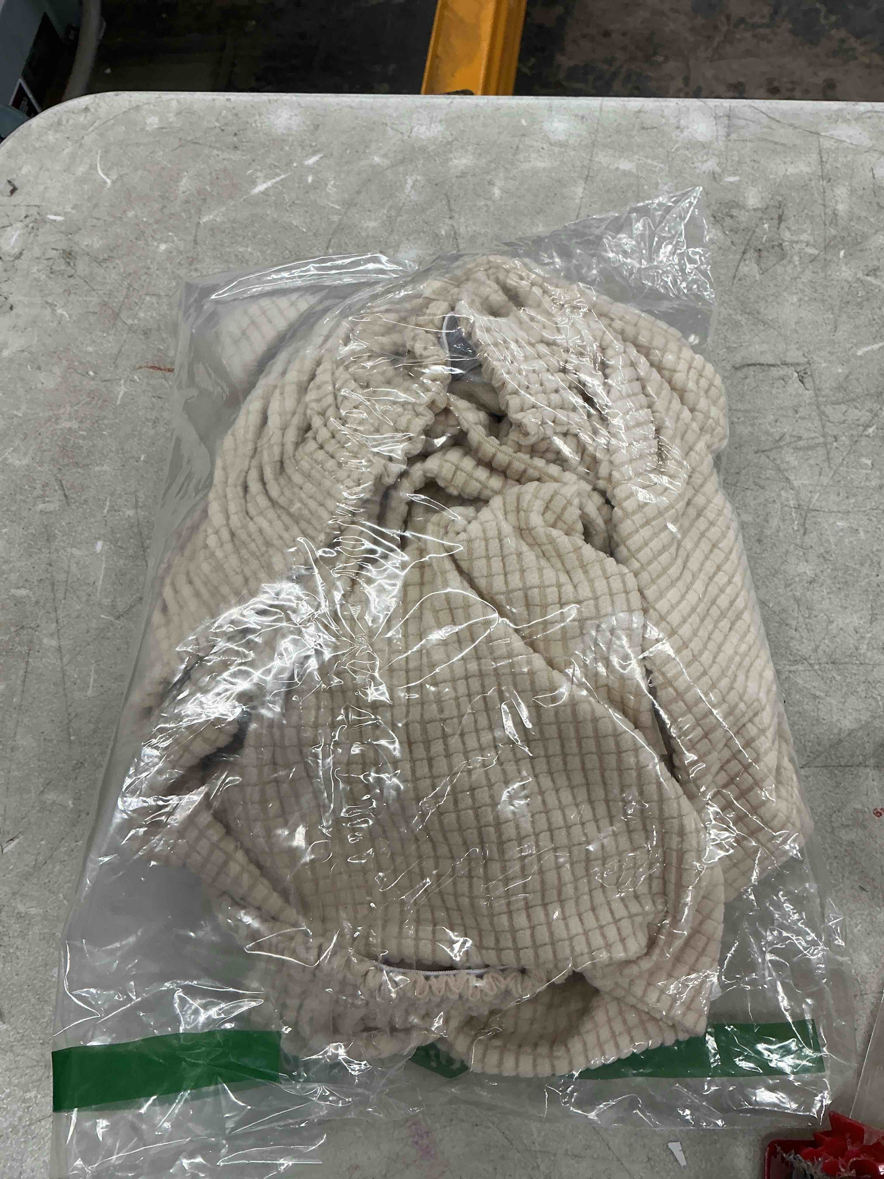 Condition photo showing Good Condition for princedeco stretch ottoman cover slipcovers rectangle for living room foot stool covers to fit ottoman foot rest, checked jacquard fabric with elastic bottom (oversized ottoman, biscotti beige) x-large biscotti beige
