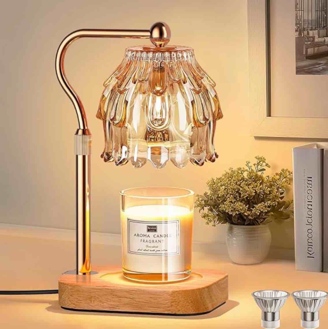 Candle Warmer Lamp with Timer Dimmer, Modern Wax Warmer for Scented Wax Jar Candle Warmer with 2 Bulbs, Adjustable Height Glass Lamp for Gifts for Women, House Warming Gifts, Home Decor, Gold Pink