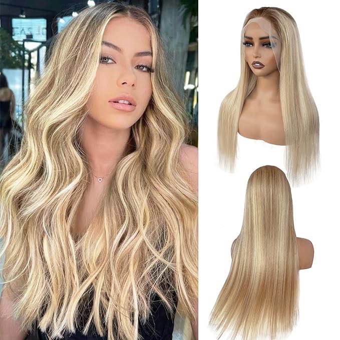 Ash Blonde Highlight Lace Front Wig, 180% Density 13x6 Balayage Blonde Frontal Wigs Mini Knots HD In