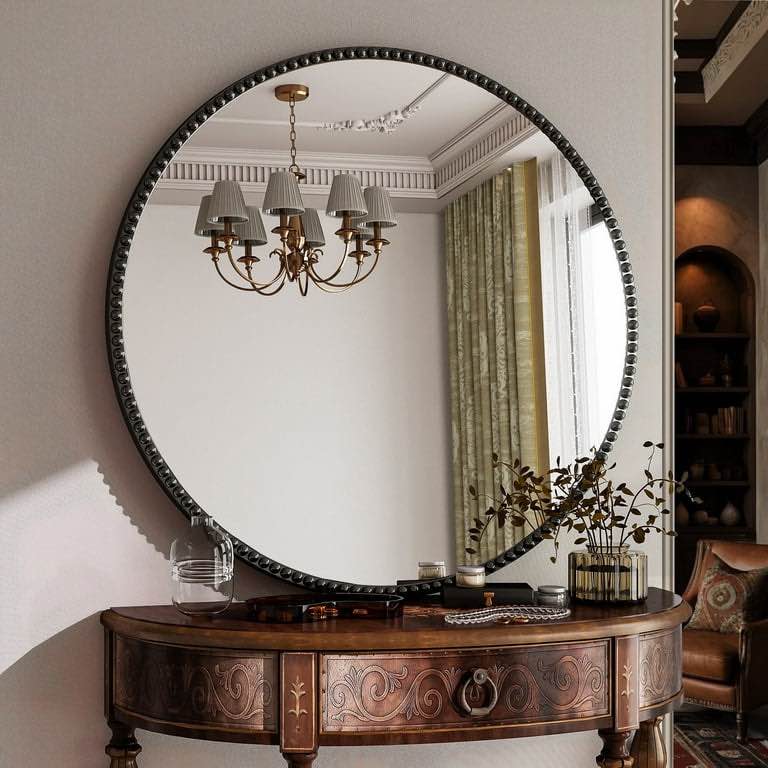 BEAUTYPEAK 28" Large Round Bathroom Mirror Decorative Vintage Mirror, Black