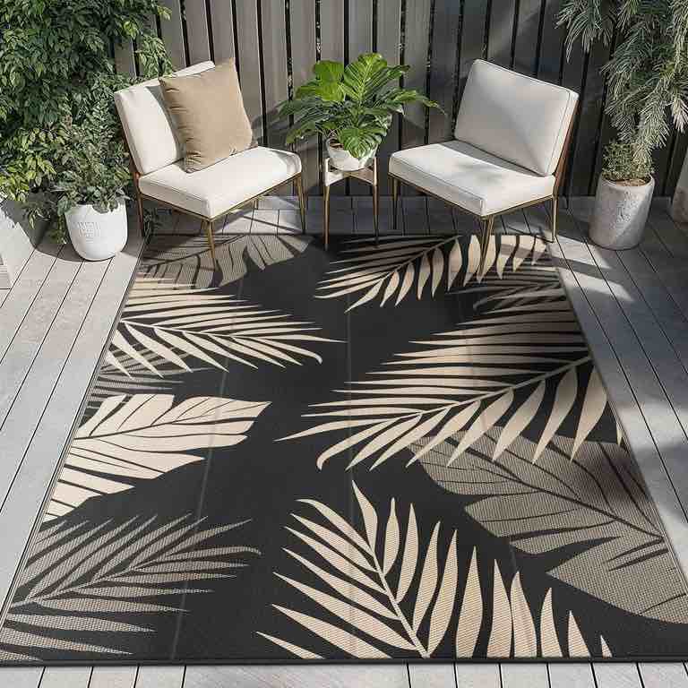 DEORAB Outdoor Rugs Patio Clearance Waterproof Plastic Rv Camper Outside Mat Patio Black&Beige 8 x10