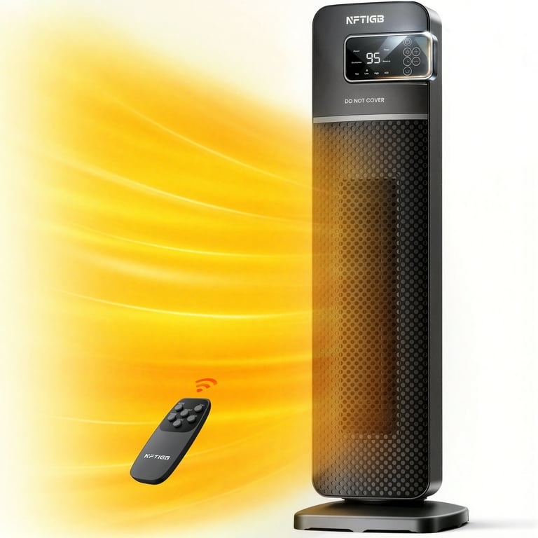NFTIGB 24" Tower Heater, 1500W PTC Ceramic Electric Space Heater with Digital Thermostat, Remote, 70° Oscillation, ECO Mode and Safety Tip-Over Protection, Gray