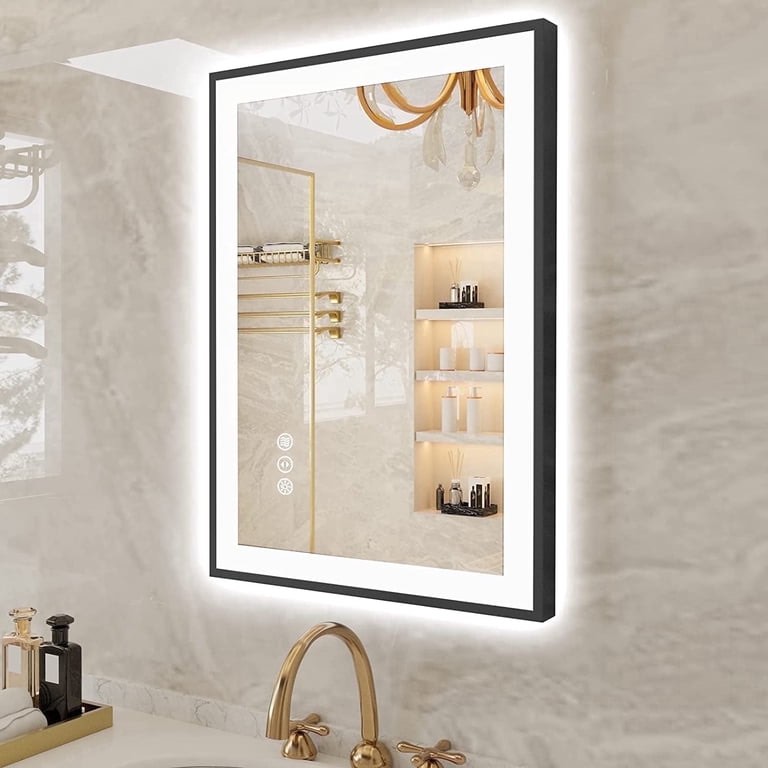 Oversized LED Anti-fog Mirror  32 x 24 Black Metal Frame Wall Bathroom Mirror  Dimmable by GODCHAR