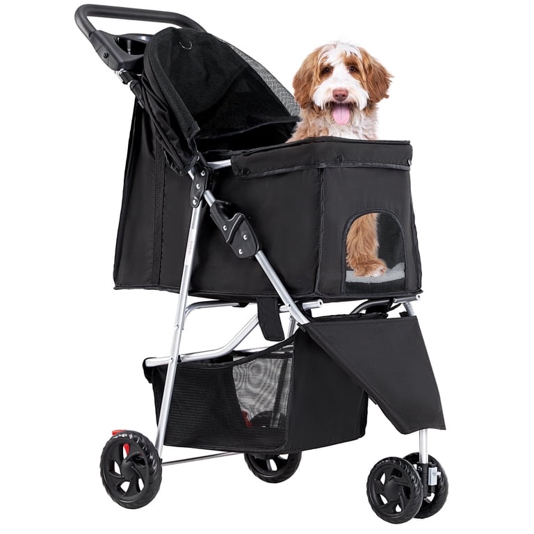 edx 3 Wheels Pet Stroller, Dog and Cat Strollers, With Storage Basket and Cup Holder, Lightweight Travel Carrier, Breathable Mesh, Waterproof and Foldable for Small Pets Outdoor Walk, Black