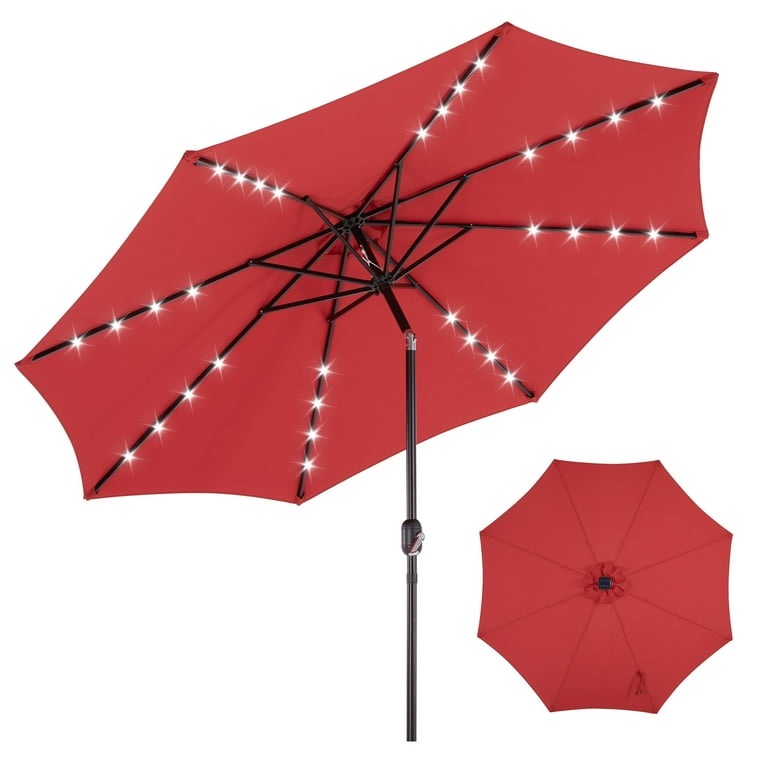 edx 10ft Solar 32 LED Lights Patio Umbrella with Tilt Adjustment and UV-Resistant Polyester Fabric?Market Umbrella for Outdoor, Red