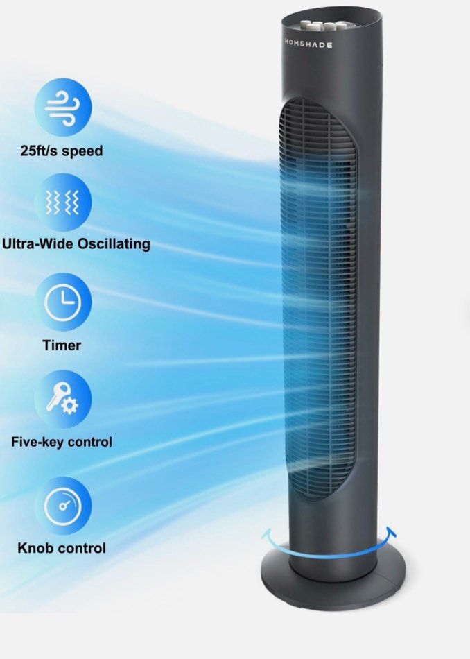 HOMSHADE TF003 Tower Fan 32" Oscillating Cooling Fan w/3 Speeds, 3 Wind Modes,  color gray