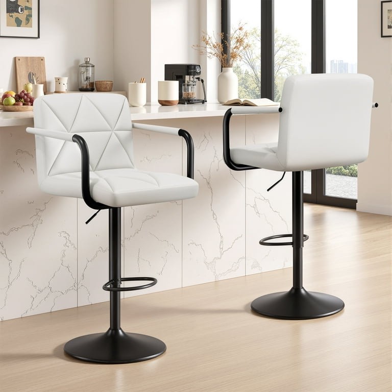 Daluvenix Bar Stools Set of 2 white PU Leather Adjustable Swivel Barstools Hydraulic Kitchen Counter Height Bar Chairs with Armrest and white 