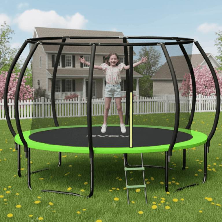 GVDV Outdoor Trampoline, 10' Backyard Recreational Pumpkin Trampoline for Kids with Enclosure
