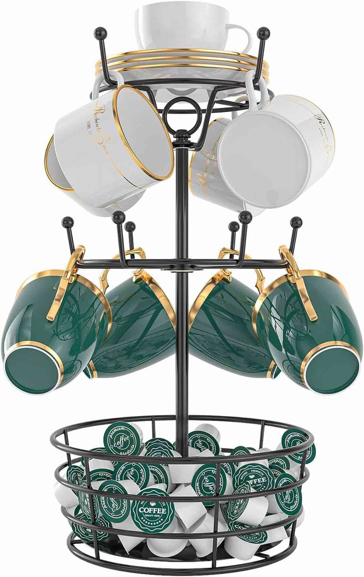 Condition photo showing New/Like New for Coffee Mug Holder Tree Stand - Rotatable Metal Coffee Mug Rack Holder, 3 Tiers Coffee Cup Holder for Mug Hooks with Cup Pods & Saucer Basket Storage for Bar Kitchen Counter, Black