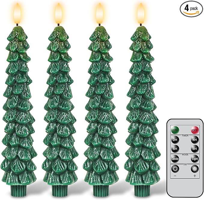 GenSwin Christmas Tree Flameless Taper Candles with Remote Timer, Christmas LED Taper Candles with 3D Flame, 4 Pcs Green LED Candlesticks for Christmas Home Decoration(0.78” x 9.8”)