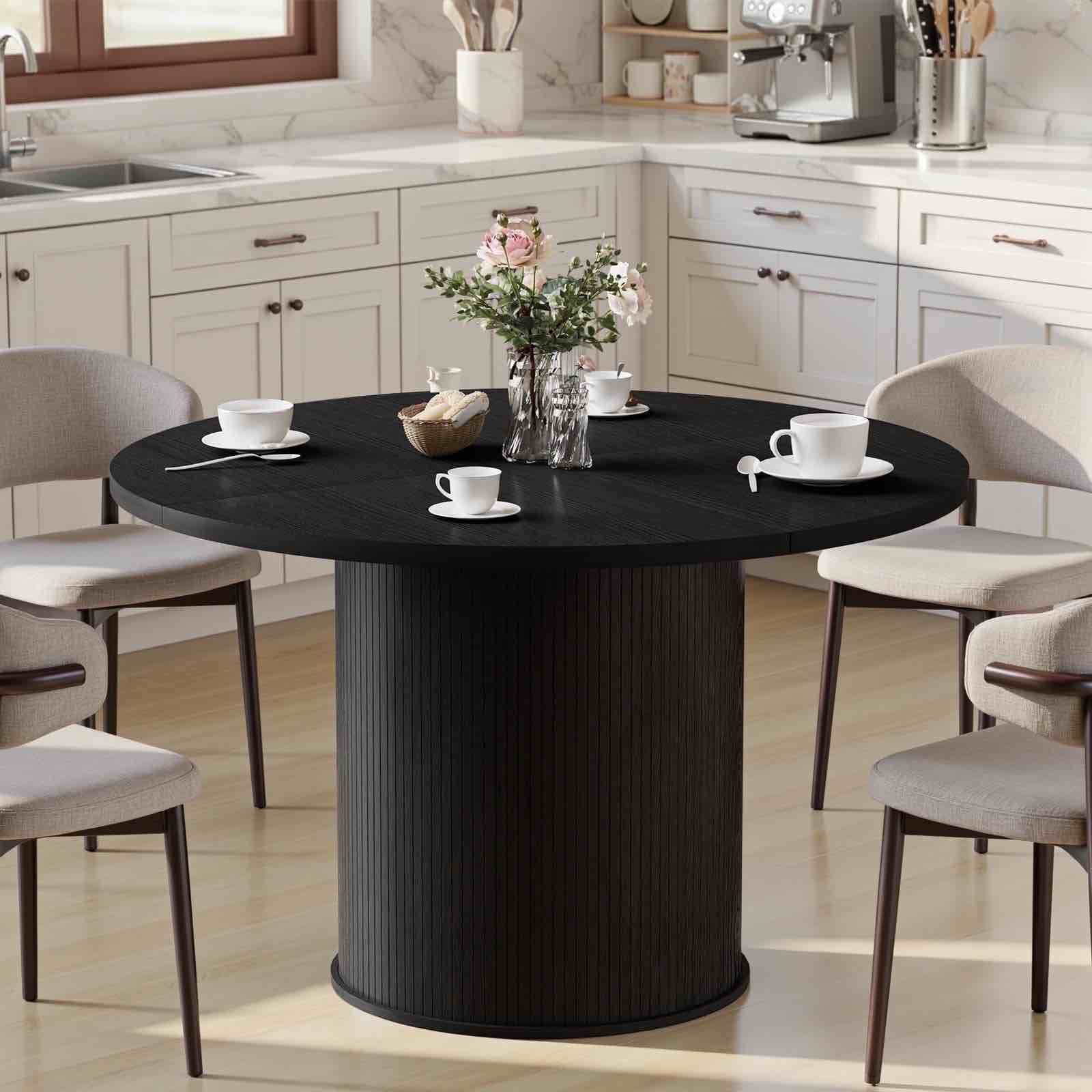 Hommpa 48" Round Dining Table Morden Kitchen Table Wood for 4 with Wood Slide Door for Kitchen Living Room,Heavy Duty Pedestal Base,Black