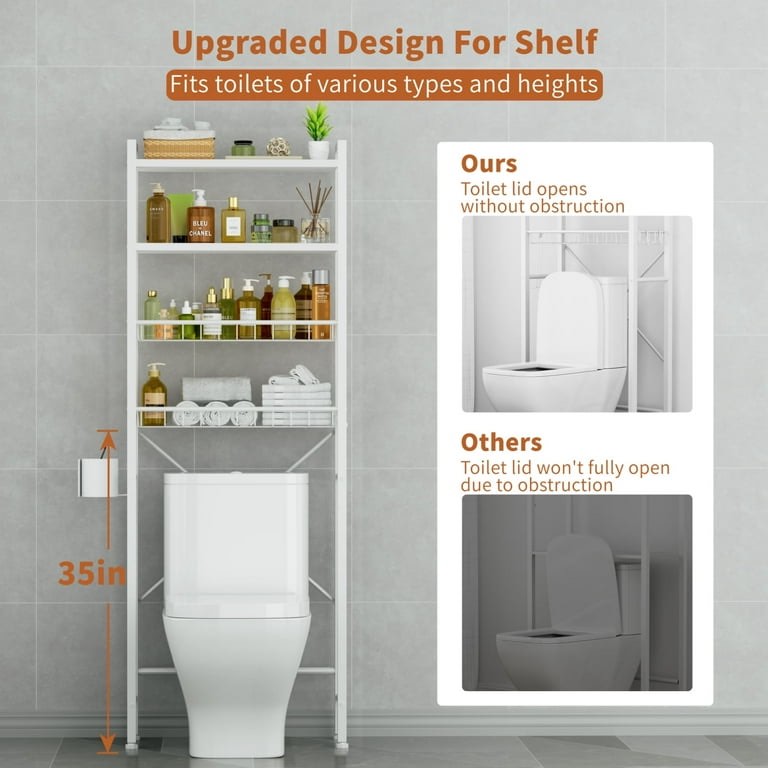 Capri 4-Tier Over-the-Toilet Storage Shelf, Bathroom Organizer Shelf Over Toilet, Freestanding Space Saver Rack with Adjustable Shelf and Basket, White