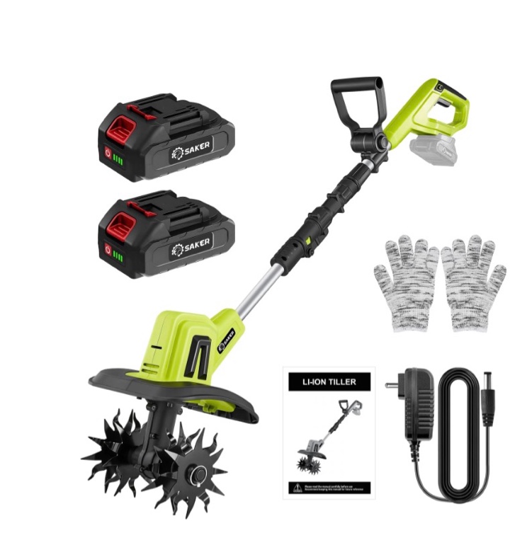 Saker 22V Cordless Tiller Cultivator, 360RPM Electric Garden Tiller with Total 4000mAh Battery, 9-Inch Tilling Width, 6.3-Inch Depth Rototiller for Gardening, Weeding, Soil Cultivation