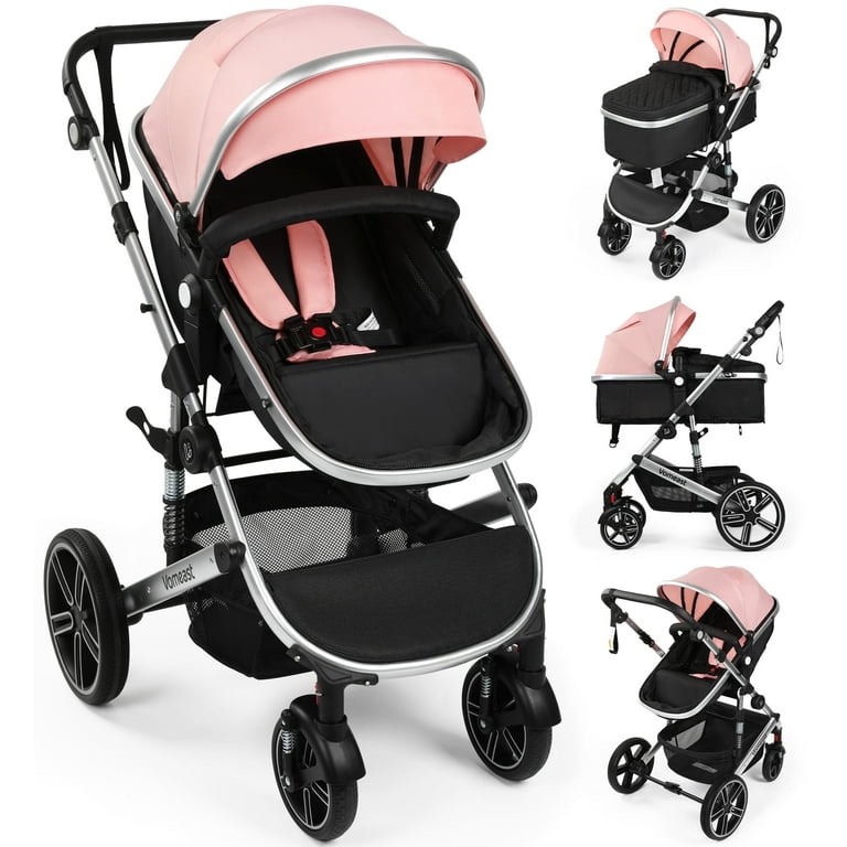 Vomeast Baby Stroller, Foldable Aluminum Alloy Stroller with Reversible, Travel Stroller for Newborn Infant, Pink & Black