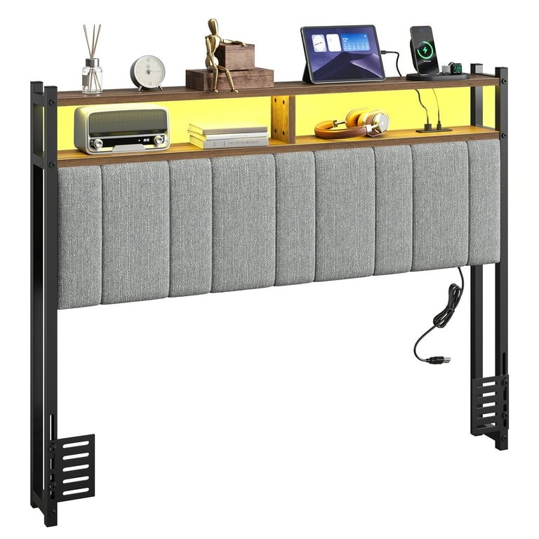 Pinmoco Headboard for Full Size Bed with Storage, Linen Upholstered Head Board with LED Light and Charging Station, Gray, Headboard Only(Bed Frame Not Included)