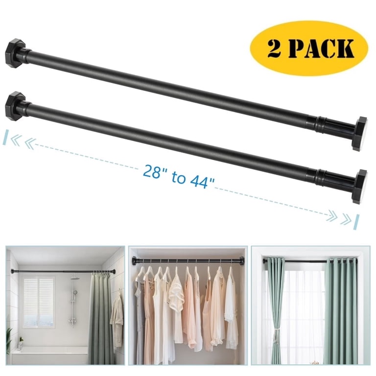 BEAMNOVA 28 -44  Adjustable Tension Curtain Rod  No Drilling Telescopic Tension Rods for Doorway Closet Windows Curtains  Black (2 Pack)