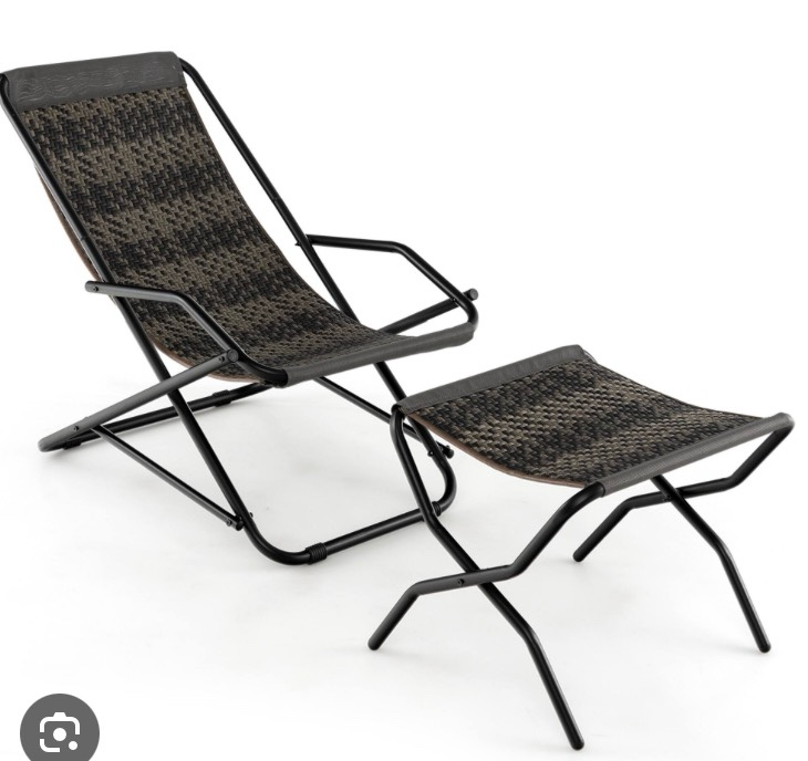 Costway Outdoor Folding Sling Chair, Patio PE Wicker Rocking Chair w/Armrests & Metal Frame, Outdoor Portable Beach Chair for Porch, Poolside, Mix Gray (Chair (with Footrest), Mixed Gray)