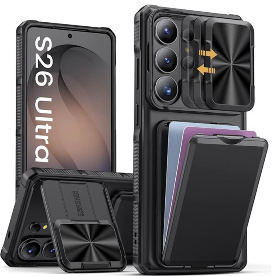 sslotscase for samsung galaxy s26 ultra case with card holder & kickstand & slide camera lens cover & camera stand & wallet, military-grade drop protection phone case cover for s26 ultra 2026, black