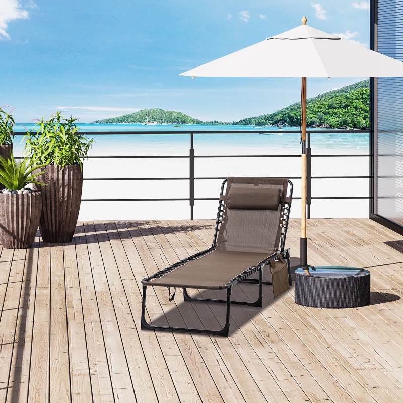 Outsunny Folding Chaise Lounge Chair Outdoor, Sun Tanning Chair with Side Pocket, Carrying Strap, Portable Patio Beach Lounger with 5-Position Reclining Back, Headrest for Pool, Camping, Yard, Brown